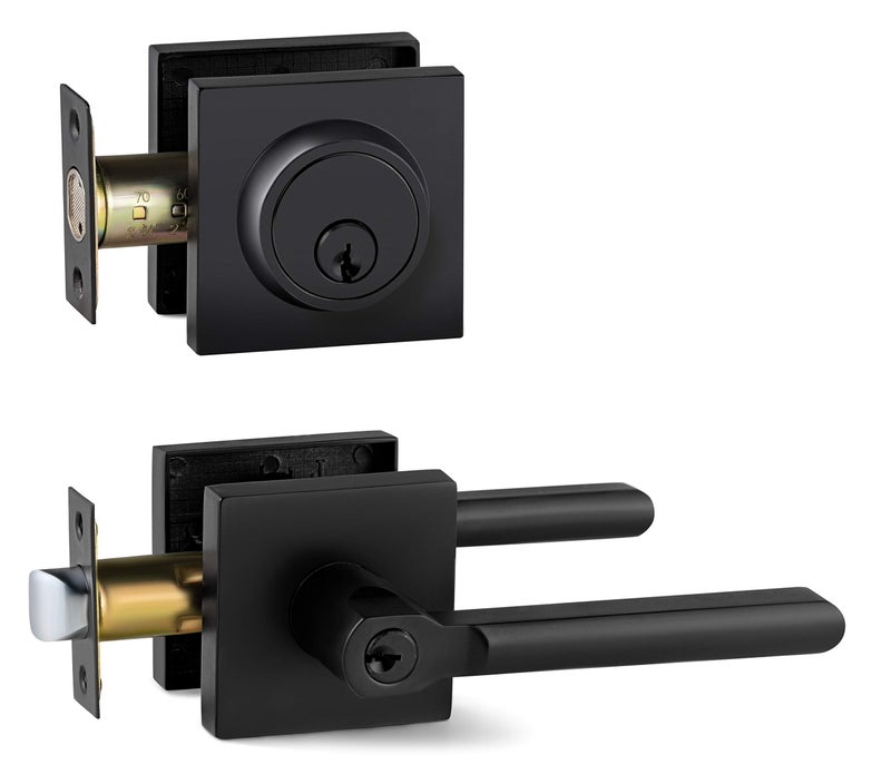 Berlin Modisch Entry Lever Door Handle and Single Cylinder Deadbolt Lock and Key Slim Square Locking Lever Handle Set [Front Door or Office] Right & Left Sided Doors Heavy Duty â€“ Iron Black Finish - Image 1